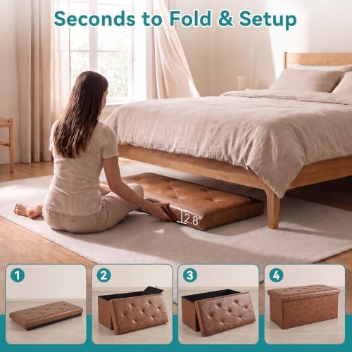 OLIXIS 30 Inch Folding Storage Ottoman Bench, Brown Ottoman with Storage - Image 6