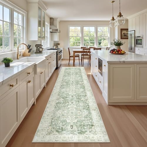 Madane Washable Runner Rugs 2x10 Long for Hallway Kitchen, Green/Ivory - Image 2