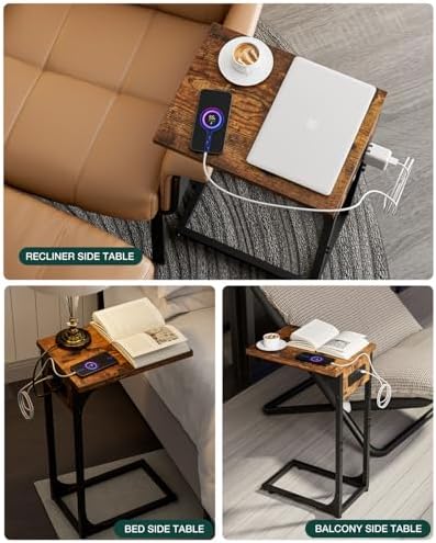 C-Shaped Side Table for Couch - Small Coffee Stand Sofa Tray Desk with Metal Frame Waterproof Scratch Resistant Wood Top and Built-in Charging Station, Rustic Brown - Image 6