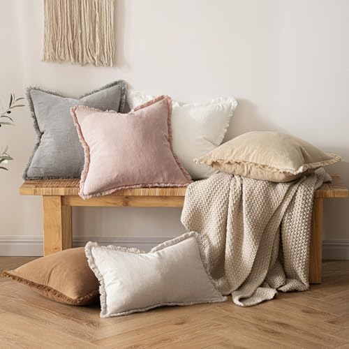 MIULEE Boho Linen Fringe Decorative Throw Pillow Covers Light Pink 18x18 - Image 7