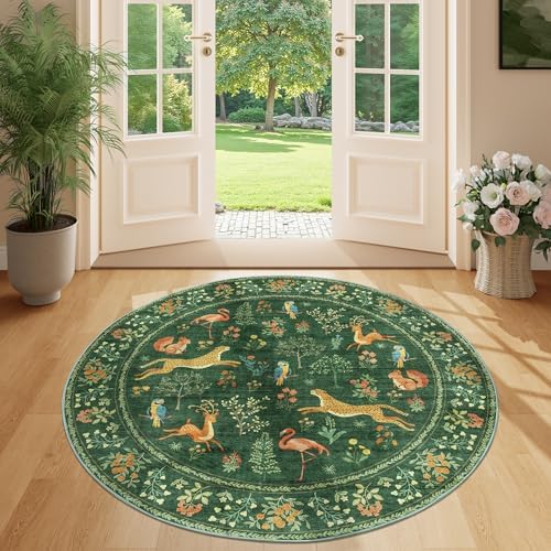 DUKINO 4ft Round Rug, Washable Animal Small Round Area Rug Non Slip, Green by DUKINO