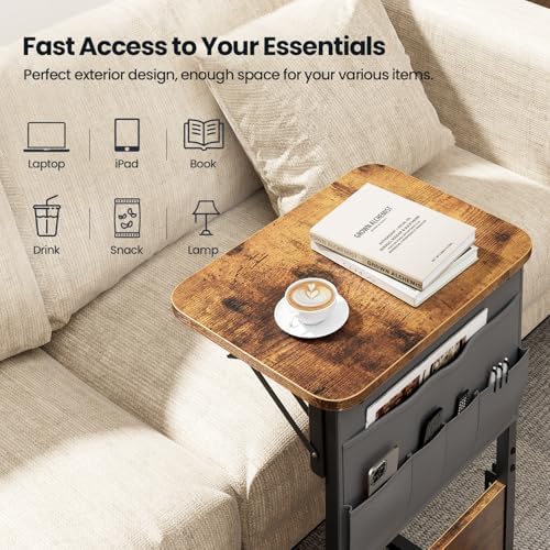 HLDIRECT C Shaped End Table with Charging Station & Storage Bag Brown - Image 5