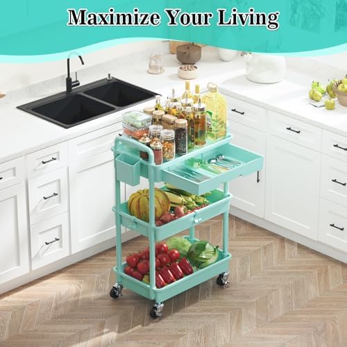 SUNALLY 3 Tier Rolling Cart with Drawer, Craft Storage Cart Organizer, Blue - Image 6