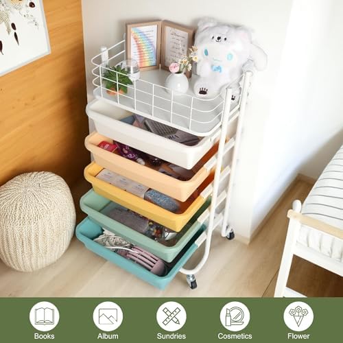 Rolling Storage Utility Cart Organizers with 5 Drawers and Metal Tabletop - Image 3