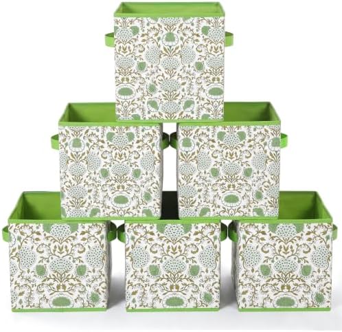 Bokon 6 Pcs 11'' Green Block Print Storage Bins Cube Floral Storage Basket by Bokon