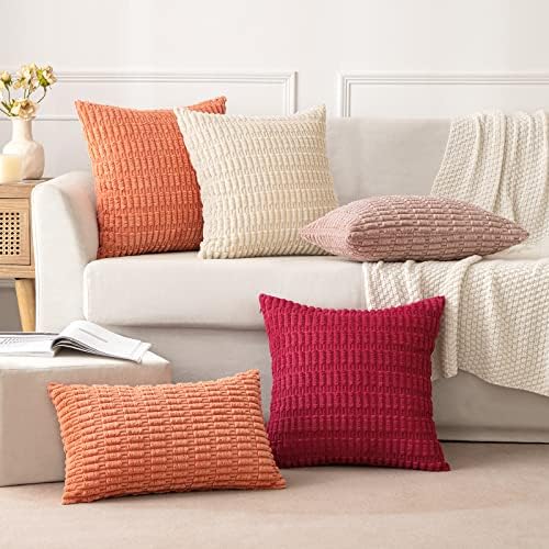 MIULEE Corduroy Decorative Throw Pillow Covers 20x20 Coral Pack of 2 - Image 3