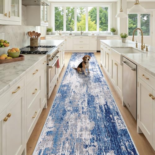 RELEANY Washable Runner 3'x12' Abstract Area Rug for Hallway Blue Gray by RELEANY