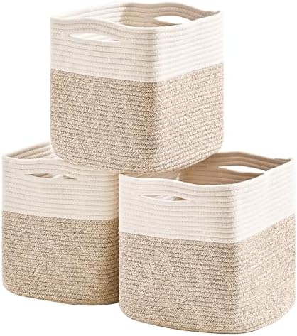 11 Inch Cube Storage Bins, 11x11 Organization Bins for Cube Organizer, Square Cloth Storage Cubes, Woven Storage Baskets for Shelves, Toy Baskets Storage Kids, Off White & Brown (Pack of 3) by Unknown