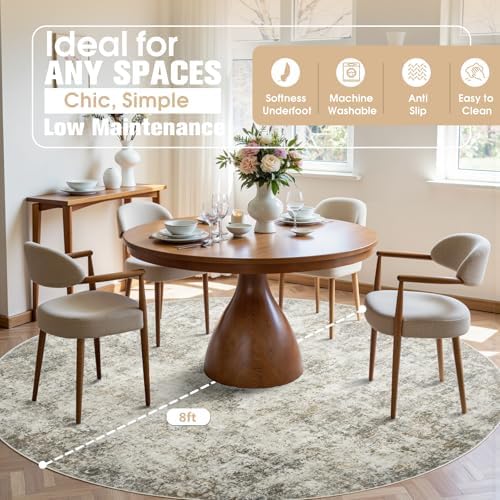 Aelenmu Round Rug 8ft Washable Rug for Dining Room Living Room Beige Brown - Image 3
