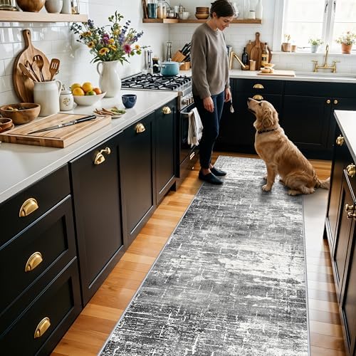 Washable 2x5 Kitchen Area Rug: Non-Slip Abstract Water-Resistant Entryway Rug Soft Sink Fridge Area Bedroom Carpet Low Pile Floor Mat for Bathroom Laundry Nursery Non-Shedding Runner(2X5,Black/Grey) - Image 2
