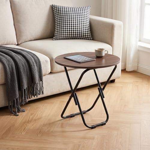 VECELO Patio Outdoor Side Table,17.7 inch Small Folding Table Round Waterproof Wood Table, Foldable Anti-Rust Metal Legs Snack Desk for Garden Balcony,Yard,Living Room - Image 5