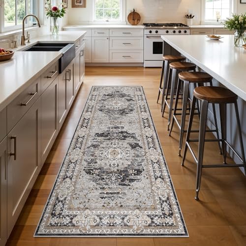 3x8 Washable Hallway Runner Rug - Non-Slip Vintage Kitchen Rugs Black Gray by Puino