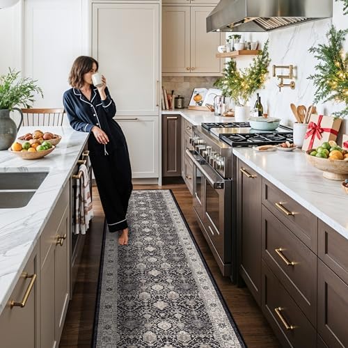 Hallway Washable Runner Rug - 2'6x12 Kitchen Rugs Entryway Rug Runner Vintage Soft Floor Mat Non Slip Indoor Farmhouse Carpet for Bathroom Living Room Bedroom (2'6''x12', Black) - Image 2