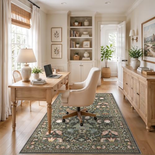 Washable 5x8 Living Room Area Rug: Vintage Water-Resistant Soft Rug for Bedroom Dining Room Non Slip Apartment Low Pile Carpet Thin Floor Mat for Dorm Home Office Printed Beside Rug(5x8，Green) - Image 5