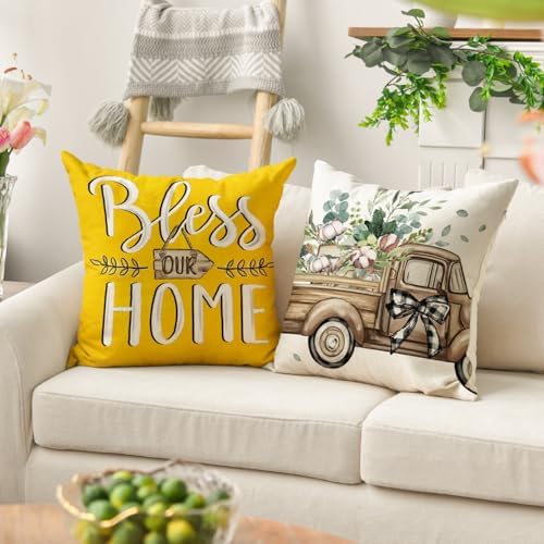 AVOIN colorlife Bless Our Home Farmhouse Eucalyptus Leaves Throw Pillow Covers, 20 x 20 Inch Yellow Truck Home Sweet Cushion Case Decorations Set of 4 - Image 3