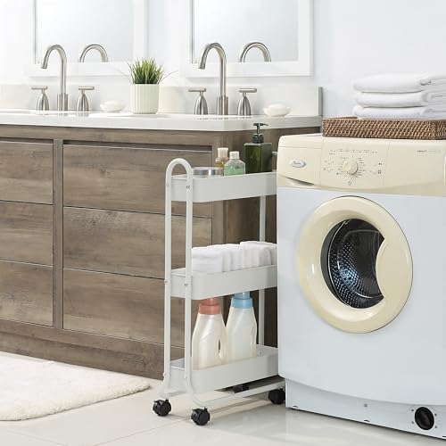 SunnyPoint Slim Rolling Storage Cart, 3 Tier Bathroom Storage Organizer Bathroom, Laundry Utility Cart (White) - Image 2
