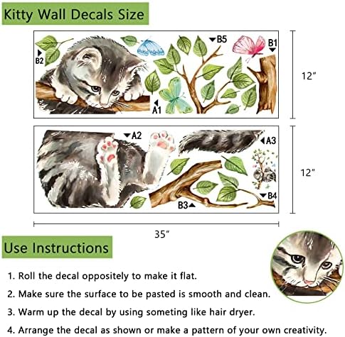 Yovkky Cat on Tree Branches Wall Decals Stickers, Kitty Animal Nursery | Decor, Green Leaves Baby Kids Bedroom Home Decorations Art - Image 2