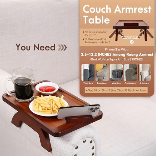 SINWANT Couch Arm Tray with 360° Rotating Phone Holder,Bamboo 15.35"x9.85" Folding Wide Sofa Arm Tray,Anti Slip Clip on Side Table Couch Armrest for Snacks,Drinks,Remotes - Image 3