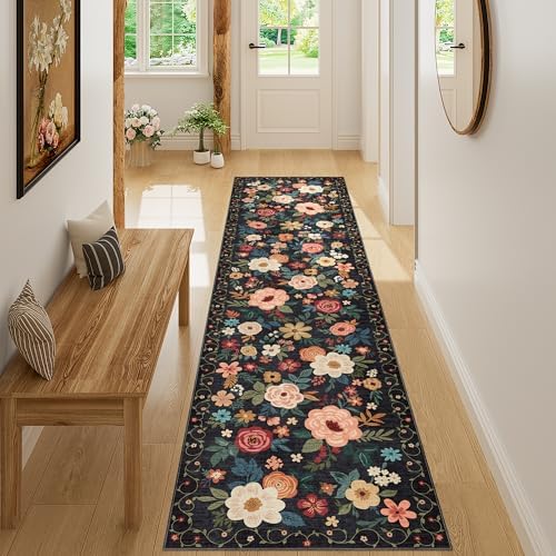 DUKINO 2x8 Runner Rug, Floral Washable Kitchen Runner Rug Non Slip, Black - Image 4