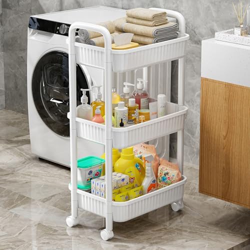 JOYZAN 3 Tier Rolling Carts with Wheels, Utility Cart with Handle and Locking Caster, Storage Cart for Kitchen, Office, Bedroom, Suitable for Diaper, Art Tools, Snack, Craft Storage Cabinet, White - Image 4