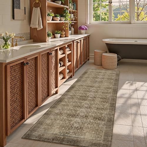 Washable Area Rug 2'6'' x 8' Vintage Traditional Persian Mat - Foldable Distressed Non-Slip Machine Washable Carpet for Living Room Bedroom Kitchen Home Decor - Mocha and Taupe - Image 2