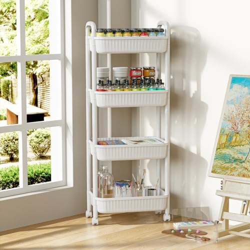 JOYZAN 4 Tier Rolling Carts with Wheels, Utility Cart with Handle and Locking Caster, Storage Cart for Kitchen, Office, Bedroom, Suitable for Diaper, Art Tools, Snack, Craft Storage Cabinet, White - Image 2