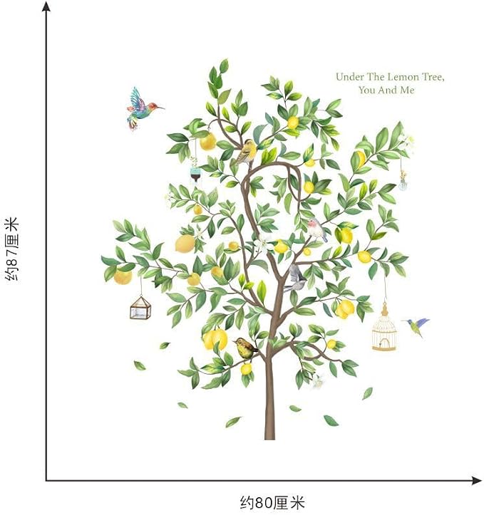 Lemon Tree Wall Decal, Large Decorative Green Tree with Birds Wall Stickers, Removable Peel and Stick Mural Wall Art Decoration for Living Room, Bedroom, Office Wall Decor (Lemon Tree) - Image 2