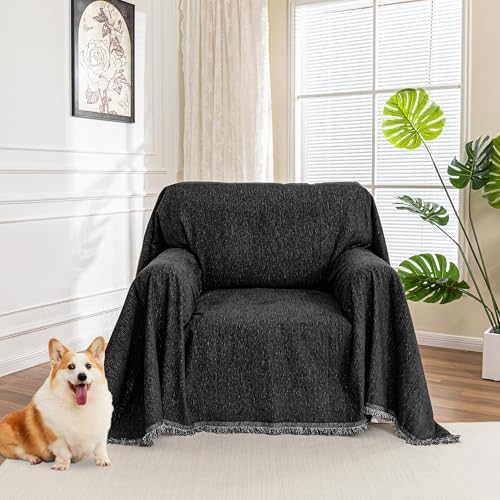 MYSKY HOME Chair Couch Covers Sectional Couch Covers for Pet Sofa Covers Non Slip Soft Couch Sofa Cover, Washable Furniture Protector Sofa Slipcover with Tassel Sofa Throws Living Room, 71"x91", Black by MYSKYHOME
