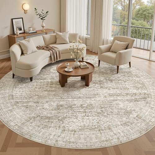 Soalmost Round Rugs 8ft Living Room Circle Area Rug 8x8 Brown Vintage by Soalmost