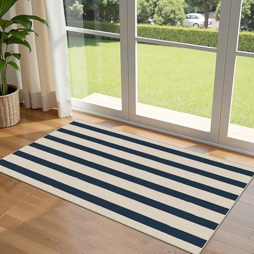 Front Door Mat Indoor Entrance, 2x4.3 Ft Blue and White Striped Rug by Othilic
