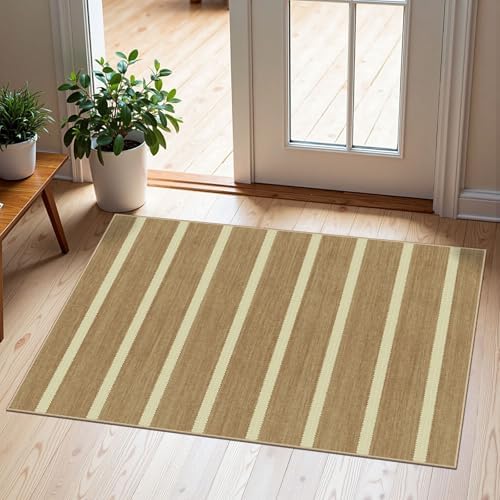 Indoor Front Door Mat, 2x3 Cottage Tan Beige Striped Front Door Rug by Othilic