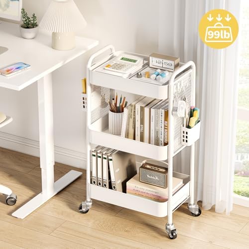 TOOLF 3 Tier Rolling Cart, Metal Utility Storage Cart with Pegboard, White | 2 Bins & 4 Hooks, Screwless Assembly, Lockable Wheels, Trolley Organizer for Bathroom, Kitchen, Office, Dorm, Craft Room - Image 2