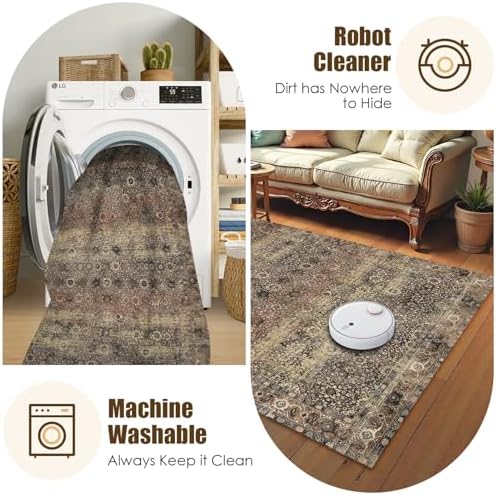 Washable Area Rug 3' x 5 ' Vintage Traditional Persian Mat - Foldable Distressed Non-Slip Machine Washable Carpet for Living Room Bedroom Kitchen Home Decor - Umber and Slate - Image 7