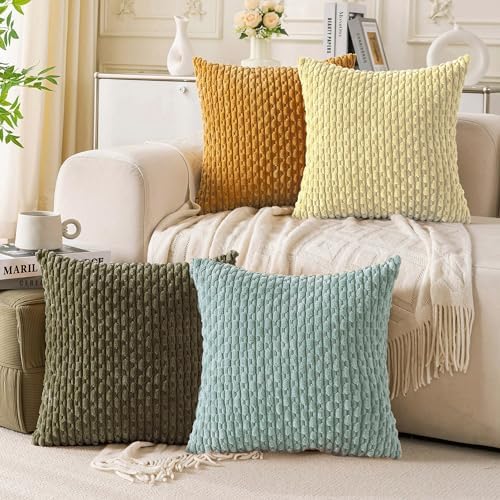 Set of 4 Pale Yellow Decorative Throw Pillow Covers 22x22 Inch Corduroy Pillow Covers for Bed Couch Sofa Living Room Soft Square Cushion Cases - Image 3