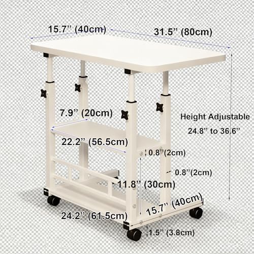 VebaCidi Medical Overbed Bedside Table with Two Shelves and Wheels (Hospital and Home Use), 31 1/2" Desk with Non Tilt Wooden Top, Adjustable Height (White) - Image 2