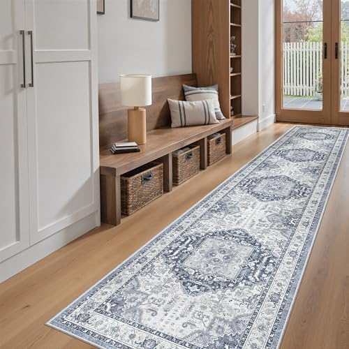 Madane Washable Runner Rugs 2x12 Long for Hallway Kitchen Soft, Navy/White by Madane