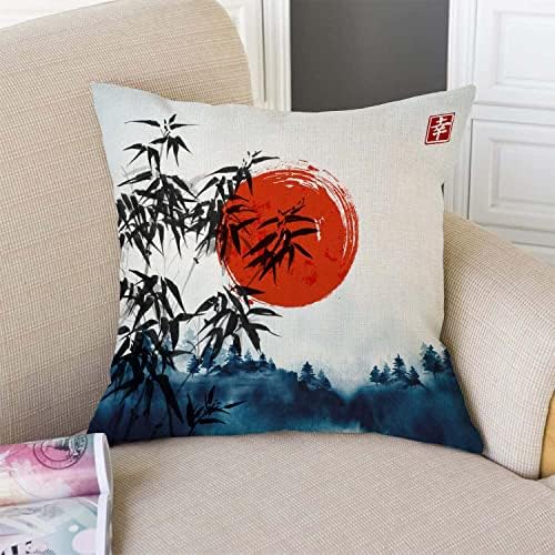 TSSOHU Throw Pillow Cover Japanese Bamboo Pillow case Asian Ink Painting Black Tree Stems Red Sun Mountains Decorative Pillow Case Funny Home Decor Square 18 x 18 Inch Cushion Pillowcase - Image 3