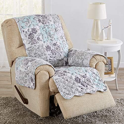 Great Bay Home Reversible Floral Patchwork Recliner Furniture Protector - Machine Washable, Scalloped Edge, Stain Resistant, Printed Furniture Cover for Dogs, Kids, and Pets (Gray/Aqua) by GreatBayHome
