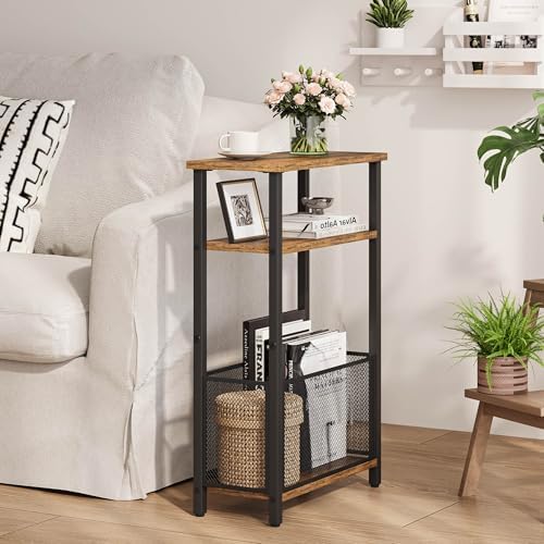 MMEOLUOOK Narrow Side Table with Storage Basket Skinny End Tables for Smalls Spaces 3 Tier Sofa Table Small Nightstand Slim Bedside Table for Living Room Bedroom Rustic Brown MLBZ22RB - Image 2