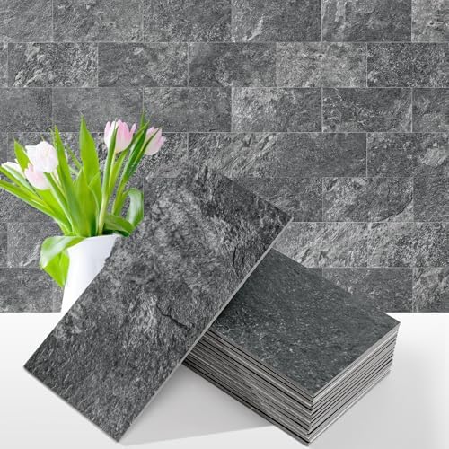 Vamos Tile 100 Pieces Peel and Stick Backsplash Tiles, 3" x 6" PVC Subway Tile, Black Slate Stick on Backsplash Tiles for Kitchen/Bathroom/Fireplace/Laundry/Camper by VamosTile