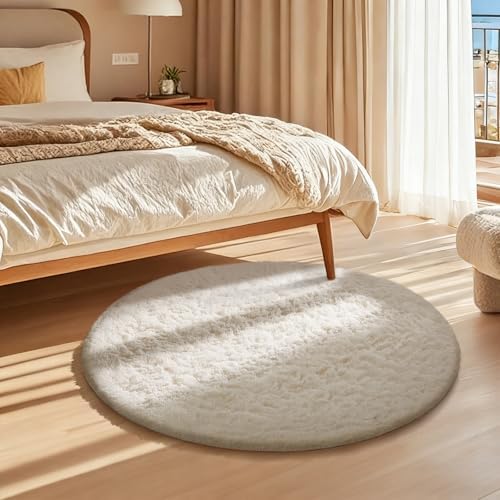 Ophanie Round Rugs 2Ft Ivory Circle Area Rug, Small Nursery Bedroom Carpet, Fluffy Fuzzy Plush Soft Shaggy Cream Living Room Christmas Aesthetic Decor for Kids Boys Girls Teen Baby Home, Dorm - Image 3