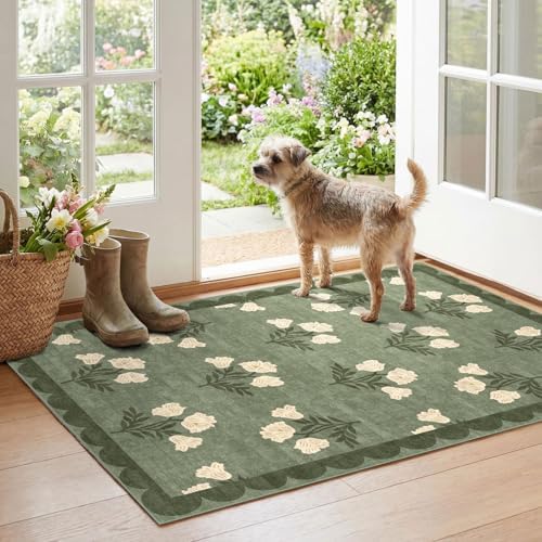 Floral Outdoor Rug - 28" x 43" Front Door Mat Indoor Outside Entrance Non-Slip Washable Outdoor Mat Sage Green Spring Scalloped Rug for Entryway Kitchen Bedroom Layered Doormat for Front Porch by Othilic