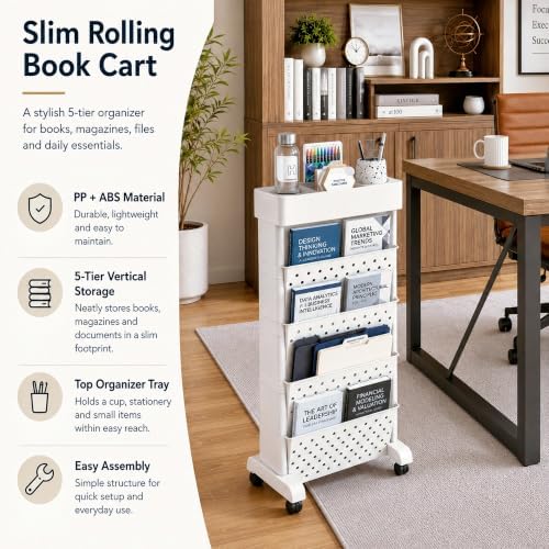 BYFU 5-Tier Movable Bookshelf Cart, 26.0" H, White - Image 4