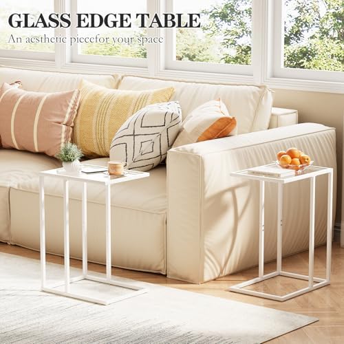 Easy Paws Small C Shaped End Table Set of 2, Glass Couch Side Snack Table for Living Room, Bedroom,TV Tray Table for Sofa,Accent Coffee Table,Nightstand with Metal Frame(White) - Image 2