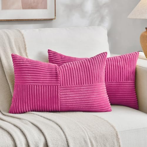 Fancy Homi 2 Packs Hot Pink Lumbar Decorative Throw Pillow Covers 12x20 Inch for Living Room Couch Bed Sofa, Rustic Farmhouse Boho Home Decor, Soft Striped Corduroy Rectangle Accent Cushion Case by Fancy+Homi
