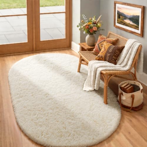 Ophanie 4x6 Oval Ivory Rugs for Bedroom Living Room Washable,Fluffy Fuzzy Furry Carpet,Plush Soft Shaggy Indoor Floor Area Rug for Kids Girls Boys Baby Teen Dorm Decor with Over 99 pcs Pile fibers by Ophanie