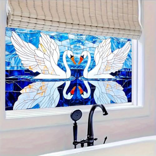 HOMETITUTE Swan Pair Stained Glass Window Cling 39.3x17.7 Inch PVC by HOMETITUTE
