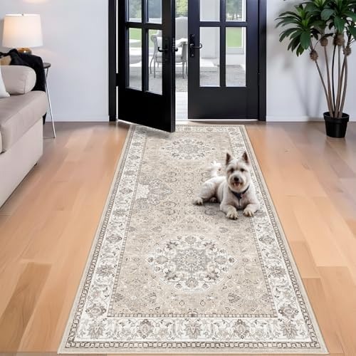 Washable 4x8 Hallway Runner Rug: Vintage 8ft Soft Runners for Entry Kitchen Wide Non Slip Low Pile Carpet for Living Room Bedroom Thin Water Resistant Carpet for Bathroom Dining Room Foyer(Beige,4x8) - Image 2
