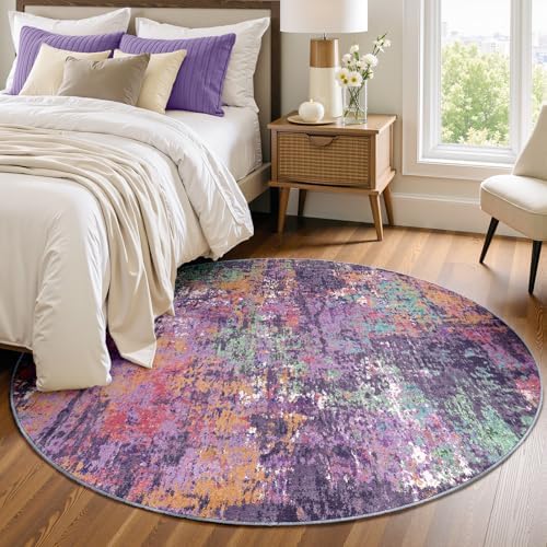 RELEANY Washable Round 4ft Area Rug for Living Room Purple Multi by RELEANY