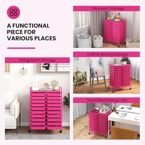 Giantex 20 Drawers Rolling Cart, Mobile Storage Drawer Cart, Classroom Organizer for Office School Supplies Teacher Tools Scrapbook Paper Craft Small Printer, Utility Stand on Wheels, Hot Pink - Image 7